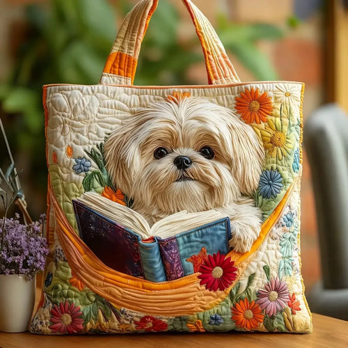 ROUSSEL PARIS | Sac artisanal Shih Tzu avec livre et fleurs