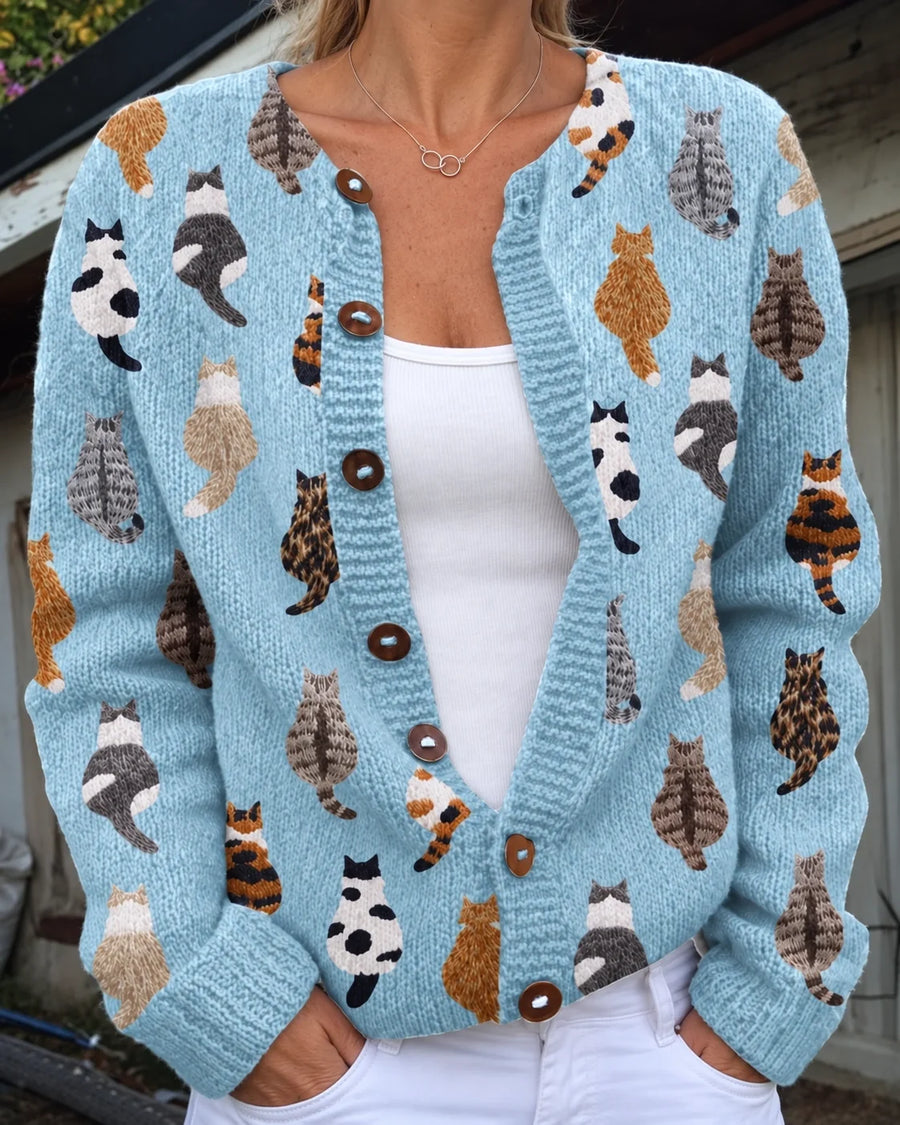 ROUSSEL PARIS | Cardigan en tricot doux à boutons avec imprimé chat