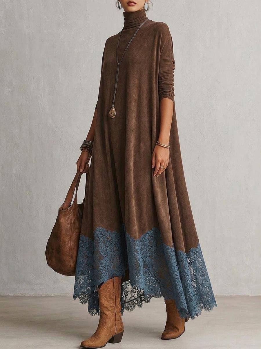 ROUSSEL PARIS | Robe évasée à col montant avec panneaux en dentelle et manches longues