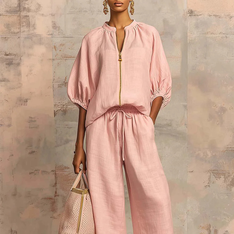 ROUSSEL PARIS | ✨ 50% DE RÉDUCTION ! 👕 Ensemble de survêtement uni pour femme – Pantalon large, manches bouffantes, cordon de serrage 🍂