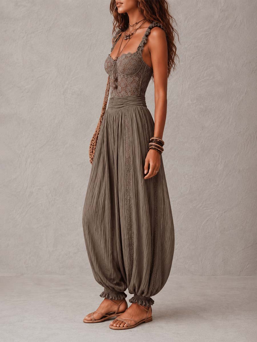 ROUSSEL PARIS | Ensemble bandeau en dentelle grise et pantalon harem plissé en coton