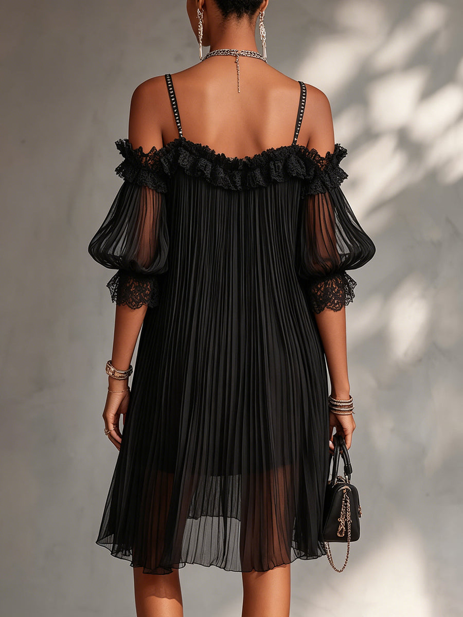 ROUSSEL PARIS | Mini-robe en Mousseline Noire à Épaules Dénudées et Finition en Dentelle