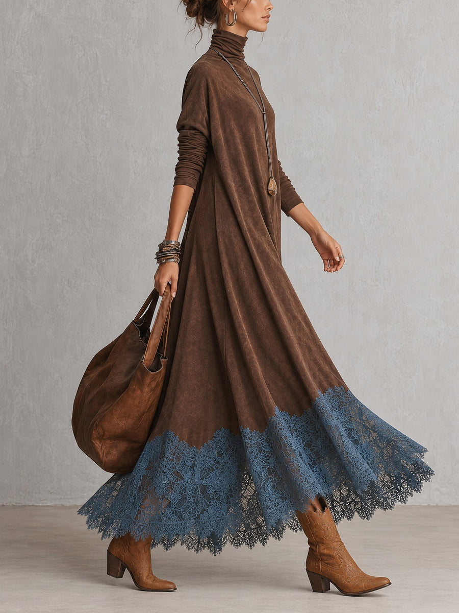 ROUSSEL PARIS | Robe évasée à col montant avec panneaux en dentelle et manches longues