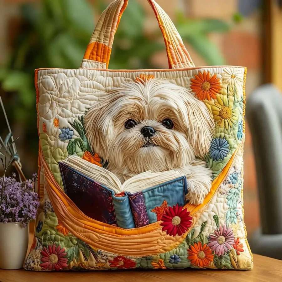 ROUSSEL PARIS | Sac artisanal Shih Tzu avec livre et fleurs