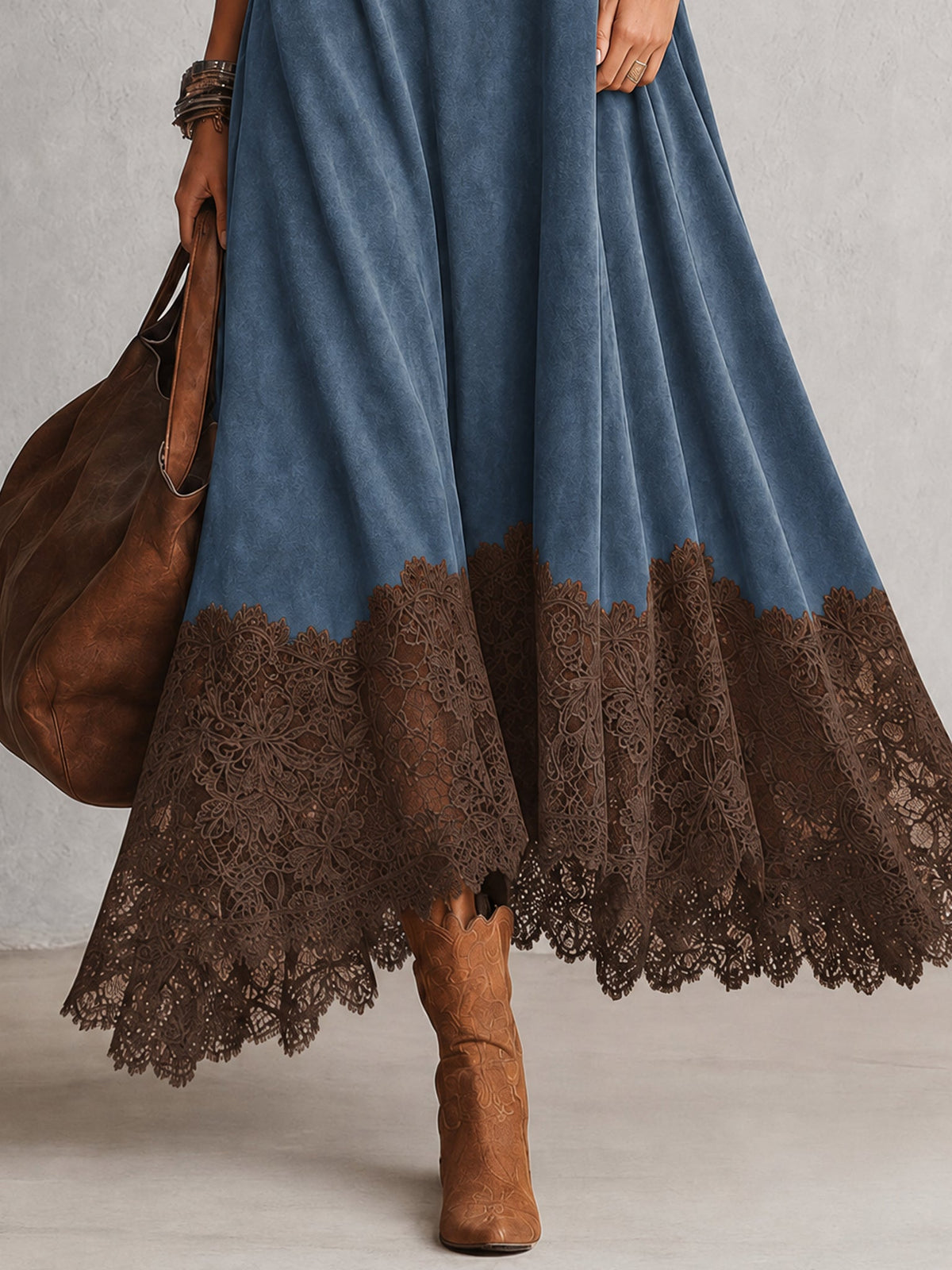 ROUSSEL PARIS | Robe évasée à col montant avec panneaux en dentelle et manches longues
