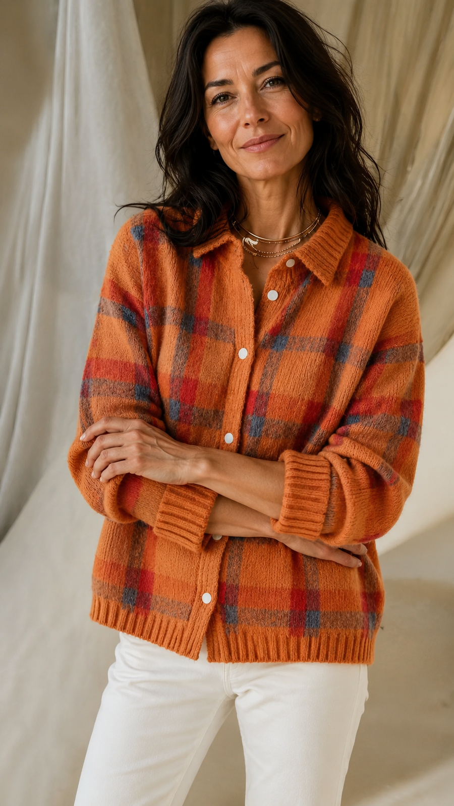 ROUSSEL PARIS | Cardigan Anna Femme — Maille Douce à Carreaux d'Automne