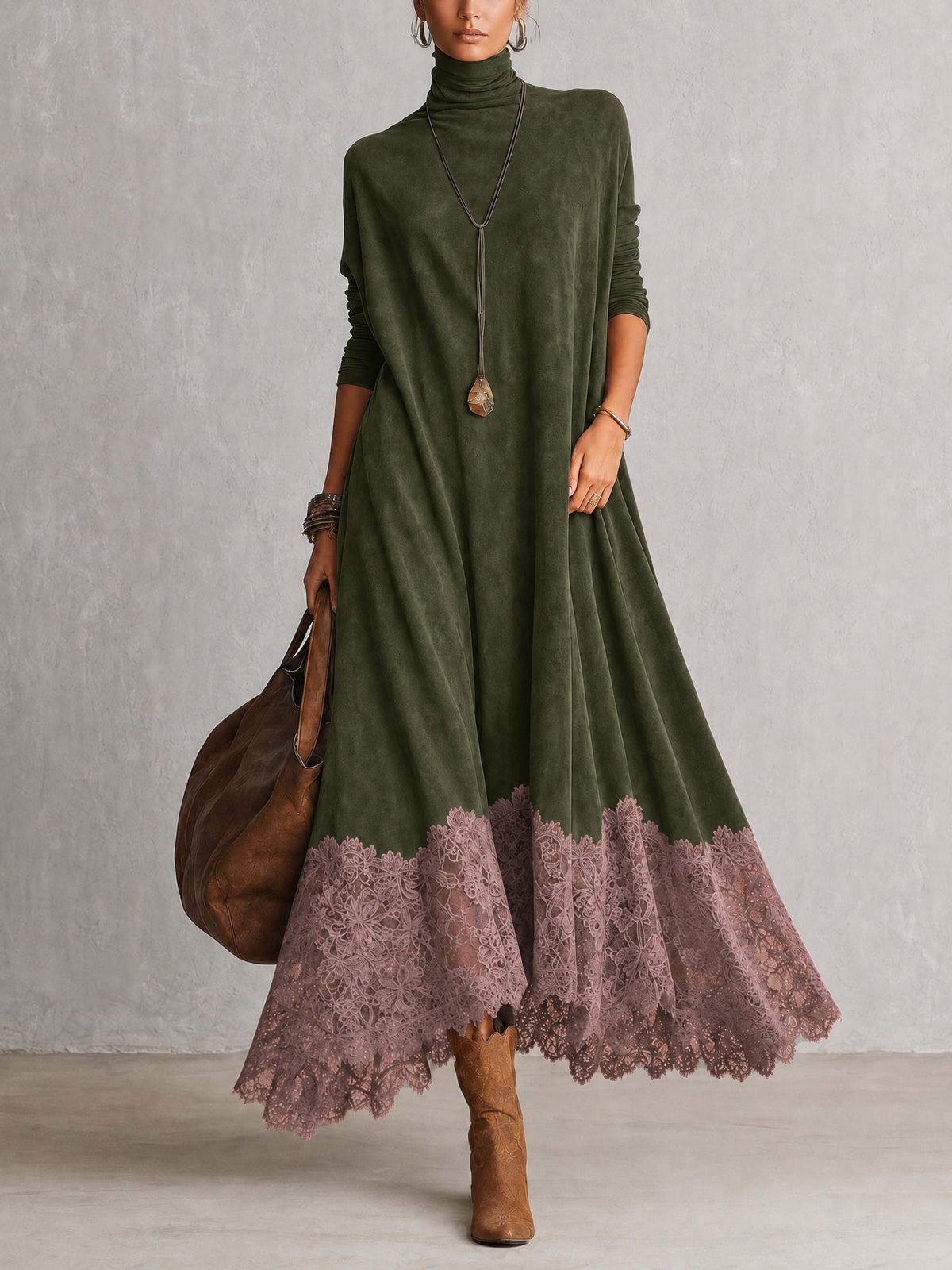 ROUSSEL PARIS | Robe évasée à col montant avec panneaux en dentelle et manches longues