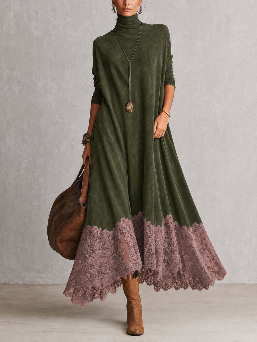 ROUSSEL PARIS | Robe évasée à col montant avec panneaux en dentelle et manches longues