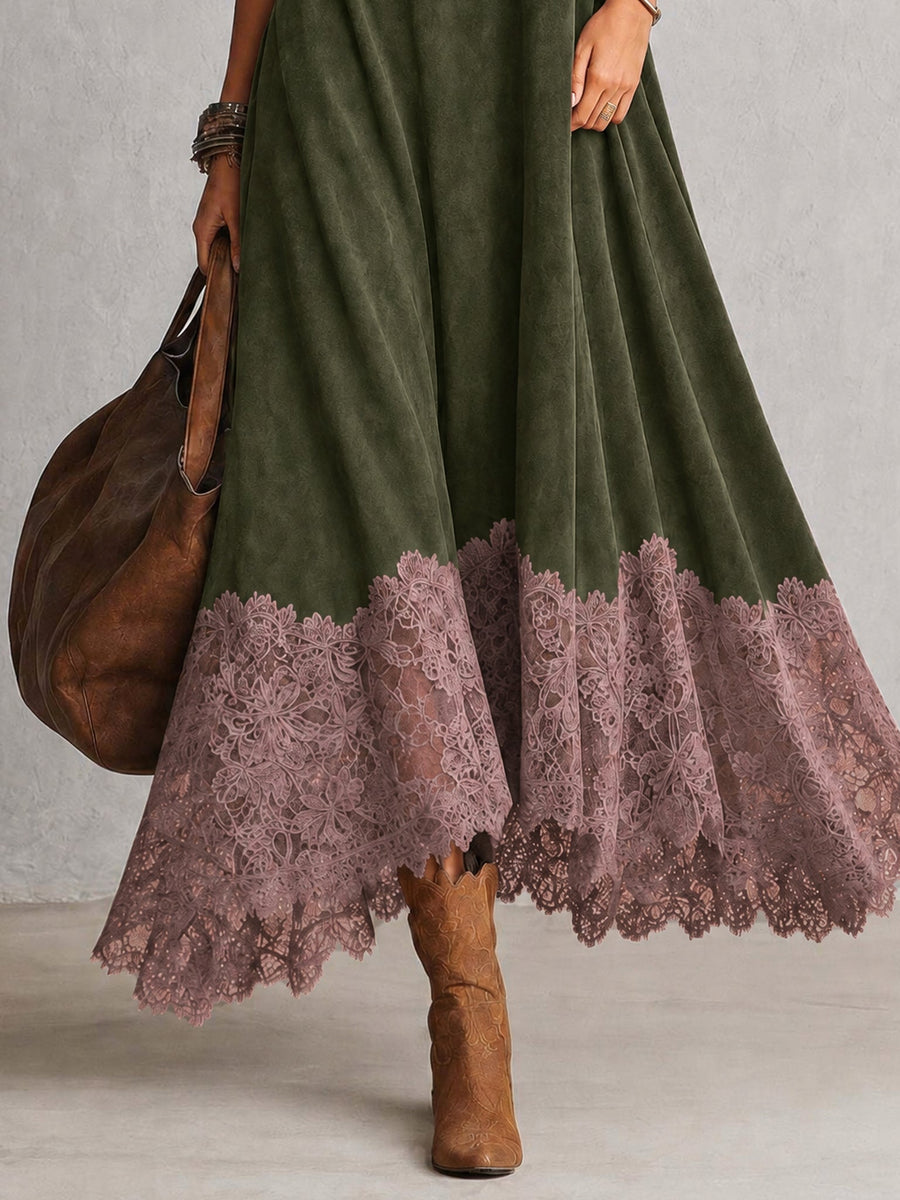 ROUSSEL PARIS | Robe évasée à col montant avec panneaux en dentelle et manches longues