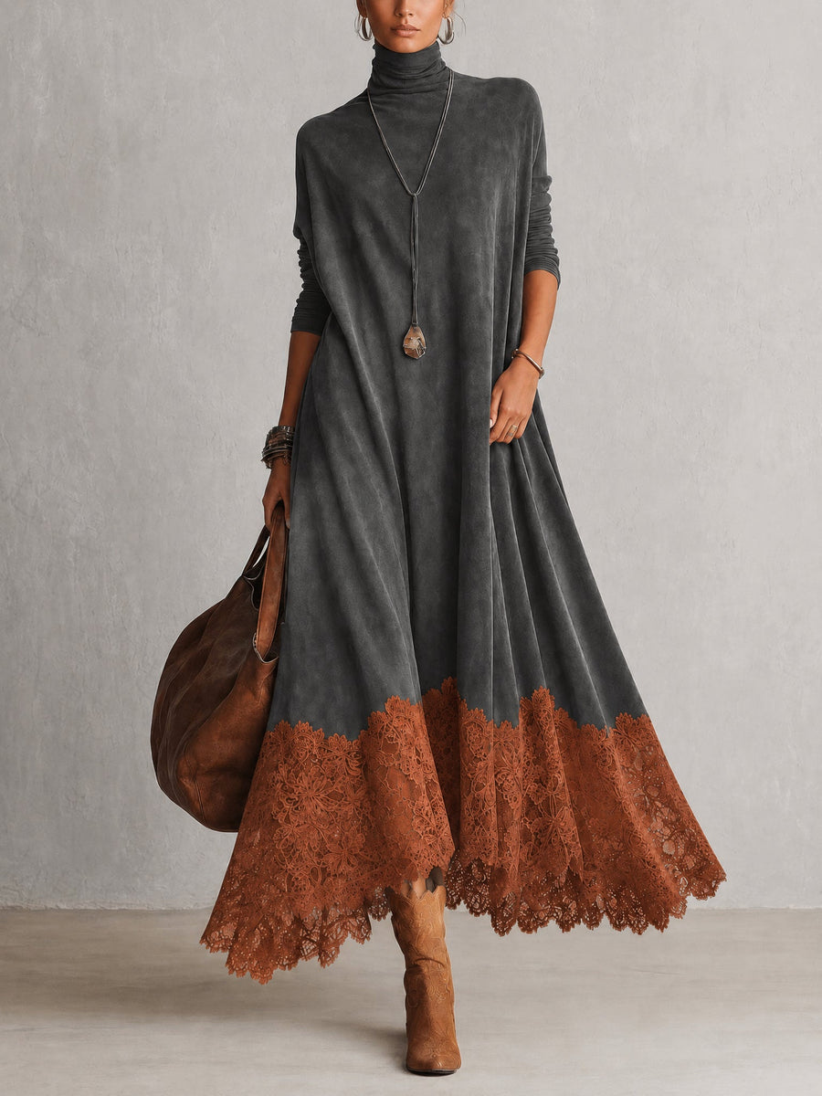ROUSSEL PARIS | Robe évasée à col montant avec panneaux en dentelle et manches longues