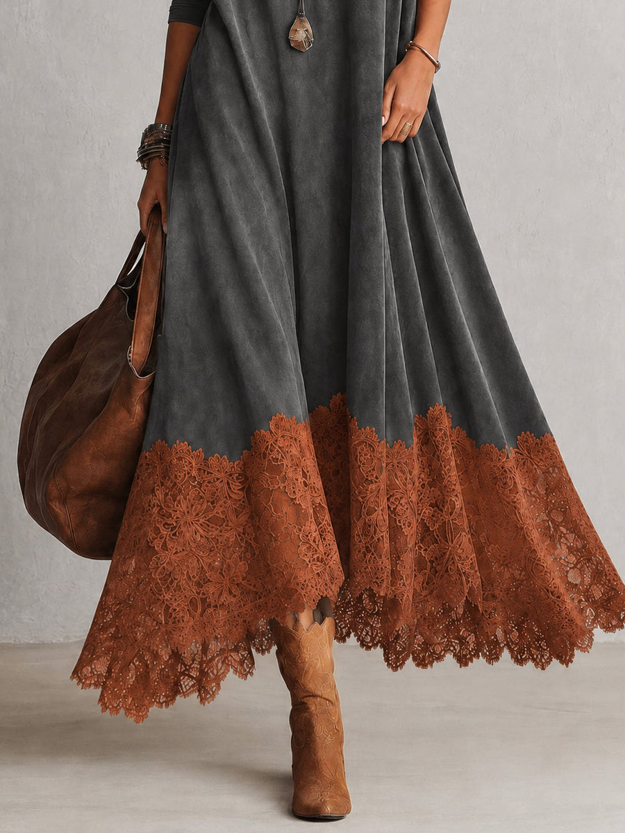 ROUSSEL PARIS | Robe évasée à col montant avec panneaux en dentelle et manches longues