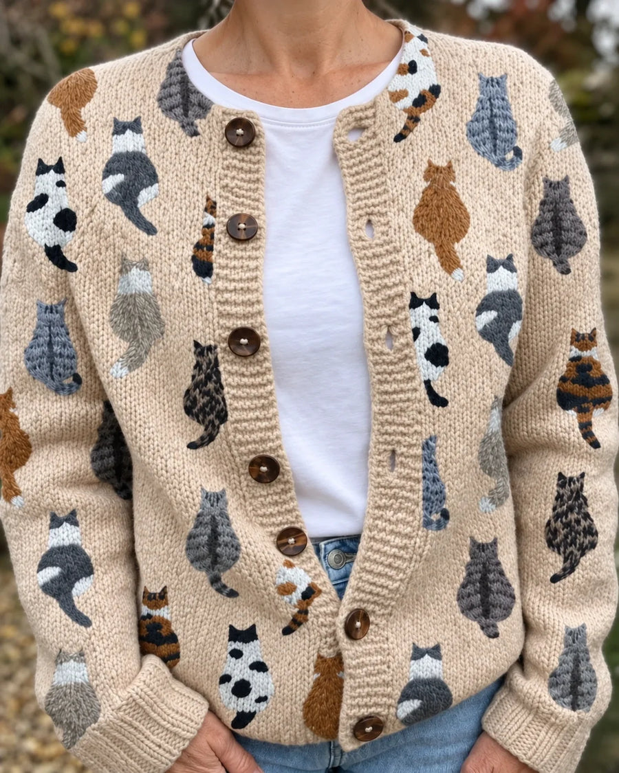 ROUSSEL PARIS | Cardigan en tricot doux à boutons avec imprimé chat