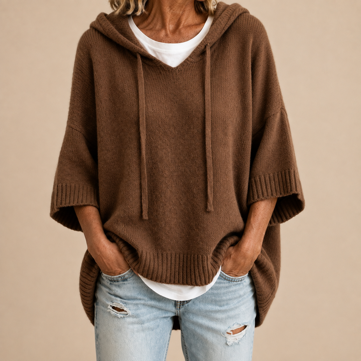 ROUSSEL PARIS | Poncho en maille à capuche et manches trois-quarts