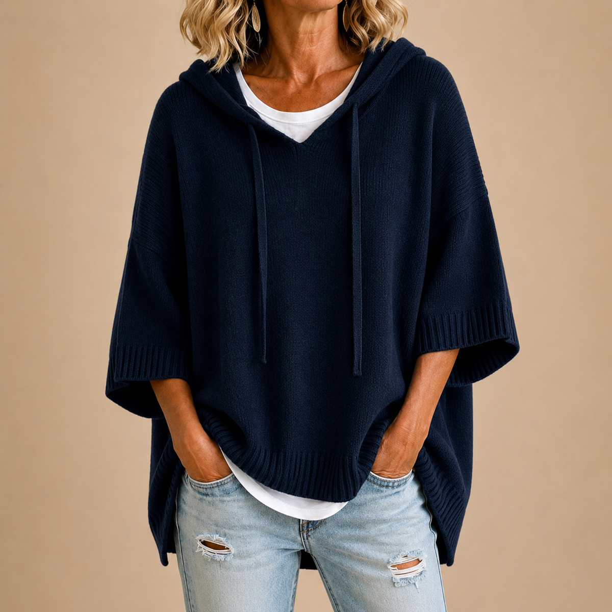 ROUSSEL PARIS | Poncho en maille à capuche et manches trois-quarts