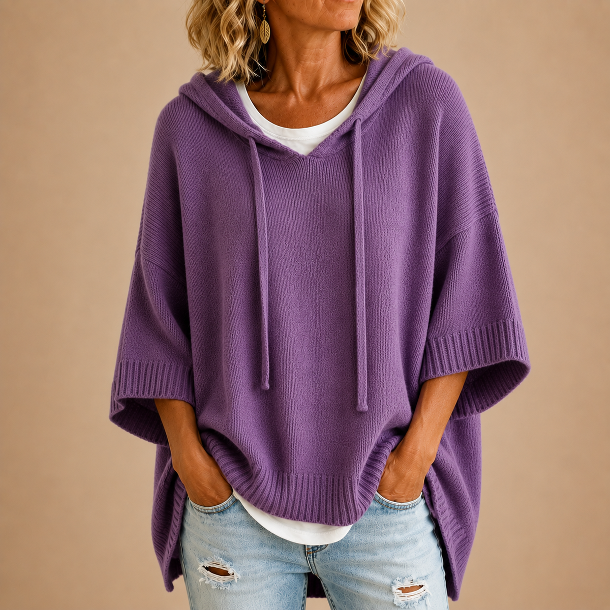 ROUSSEL PARIS | Poncho en maille à capuche et manches trois-quarts