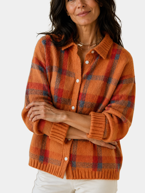 ROUSSEL PARIS | Cardigan Anna Femme — Maille Douce à Carreaux d'Automne