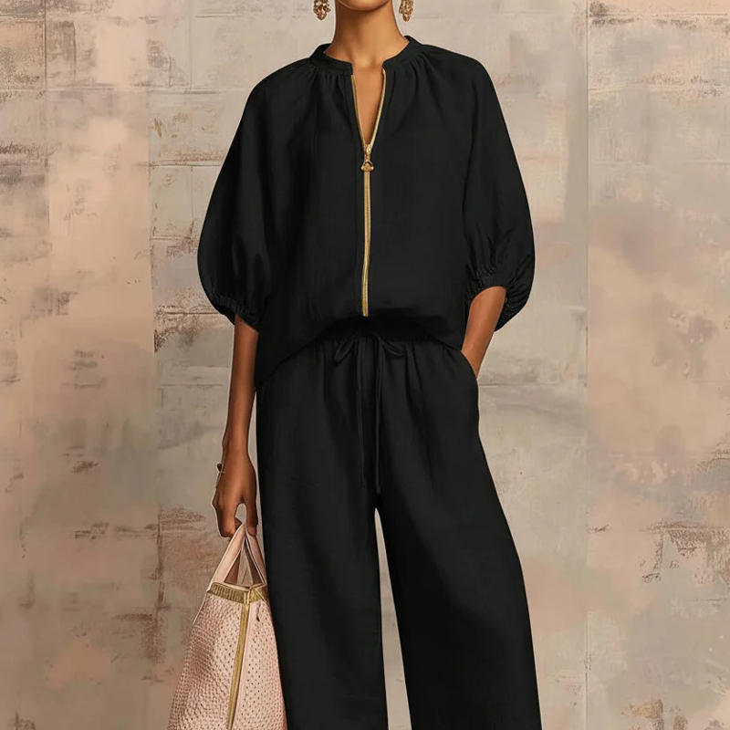 ROUSSEL PARIS | ✨ 50% DE RÉDUCTION ! 👕 Ensemble de survêtement uni pour femme – Pantalon large, manches bouffantes, cordon de serrage 🍂