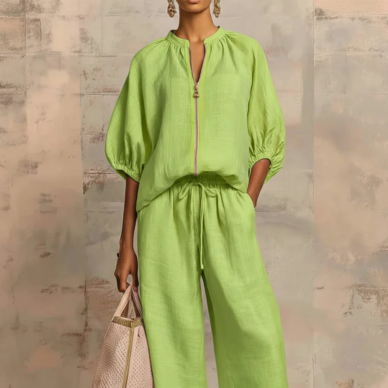 ROUSSEL PARIS | ✨ 50% DE RÉDUCTION ! 👕 Ensemble de survêtement uni pour femme – Pantalon large, manches bouffantes, cordon de serrage 🍂