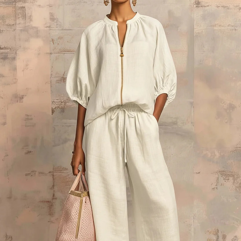 ROUSSEL PARIS | ✨ 50% DE RÉDUCTION ! 👕 Ensemble de survêtement uni pour femme – Pantalon large, manches bouffantes, cordon de serrage 🍂