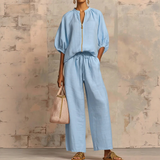 ROUSSEL PARIS | ✨ 50% DE RÉDUCTION ! 👕 Ensemble de survêtement uni pour femme – Pantalon large, manches bouffantes, cordon de serrage 🍂
