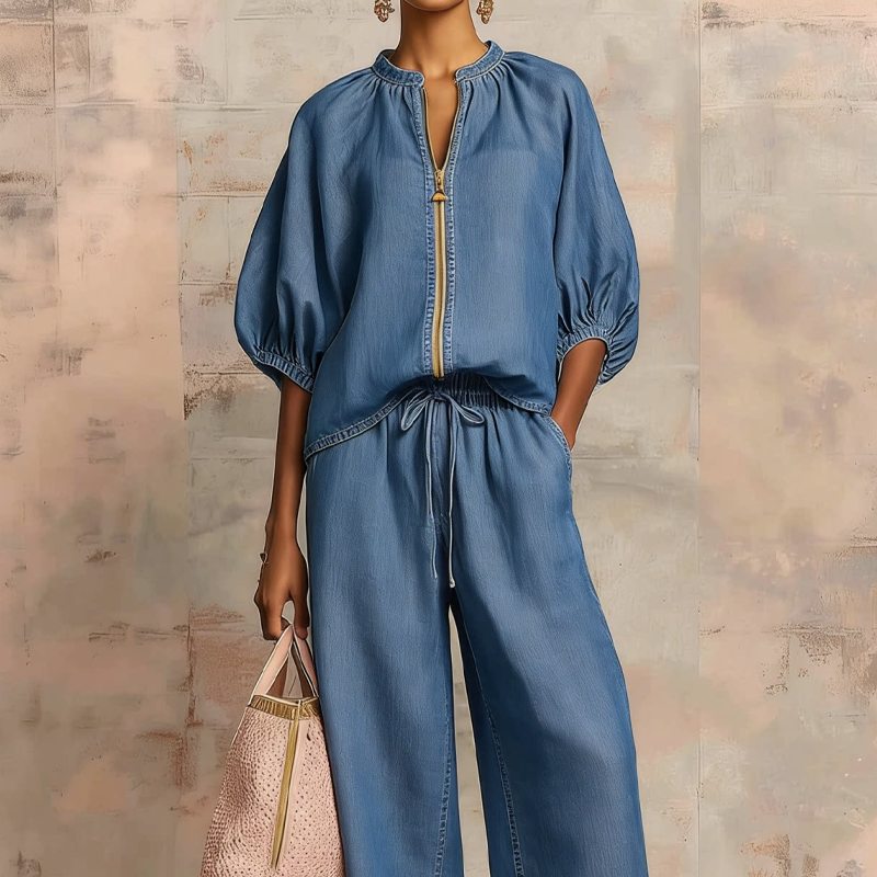 ROUSSEL PARIS | ✨ 50% DE RÉDUCTION ! 👕 Ensemble de survêtement uni pour femme – Pantalon large, manches bouffantes, cordon de serrage 🍂